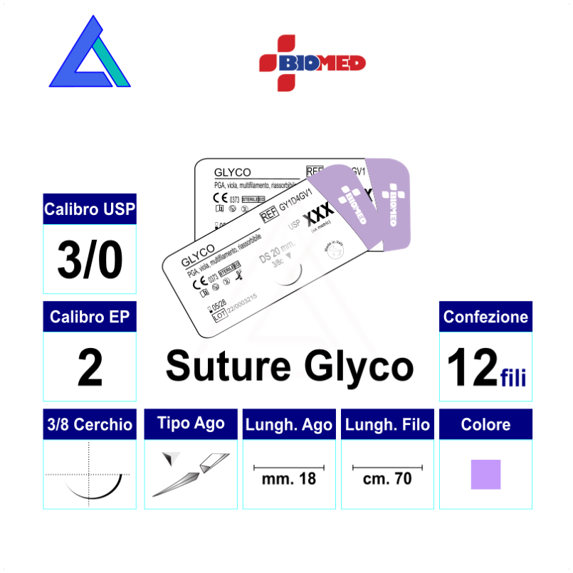 Suture Glyco DS24 USP 3-0 cm.70 - needle 3/8 triang.plurifilament absorbable