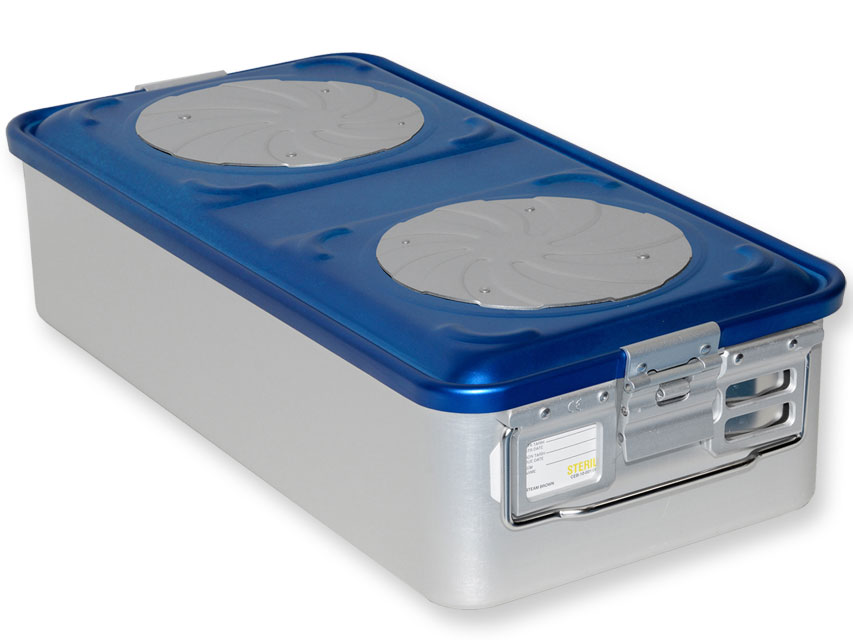 CONTAINER WITH VALVE large h150 mm blue perforated