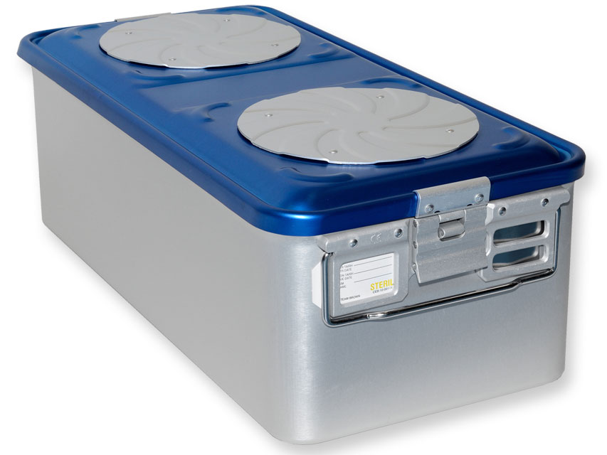 CONTAINER WITH VALVE large h200 mm blue perforated