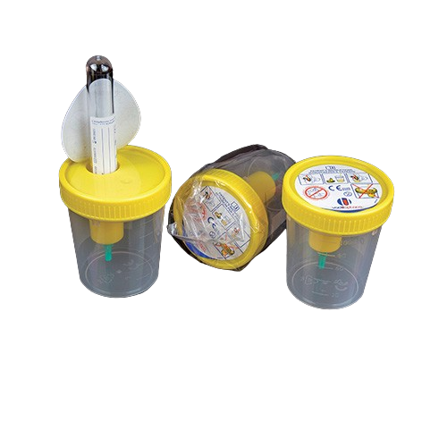 Sterile container 120ml with yellow screw cap and vacuum pick-up dispenser
