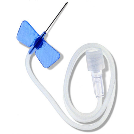 Blue g23 hypodermic needle with safety device
