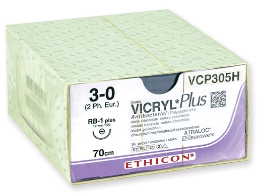 [22361] ABSORBABLE ETHICON VICRYL PLUS SUTURE - 3/0 needle 17 mm