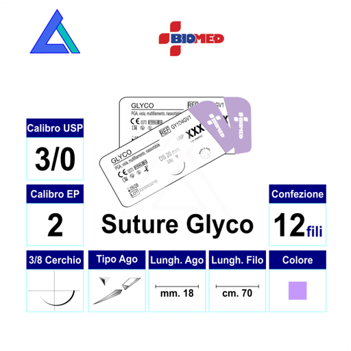 [DMM05036] Suture Glyco DS24 USP 3-0 cm.70 - needle 3/8 triang.plurifilament absorbable