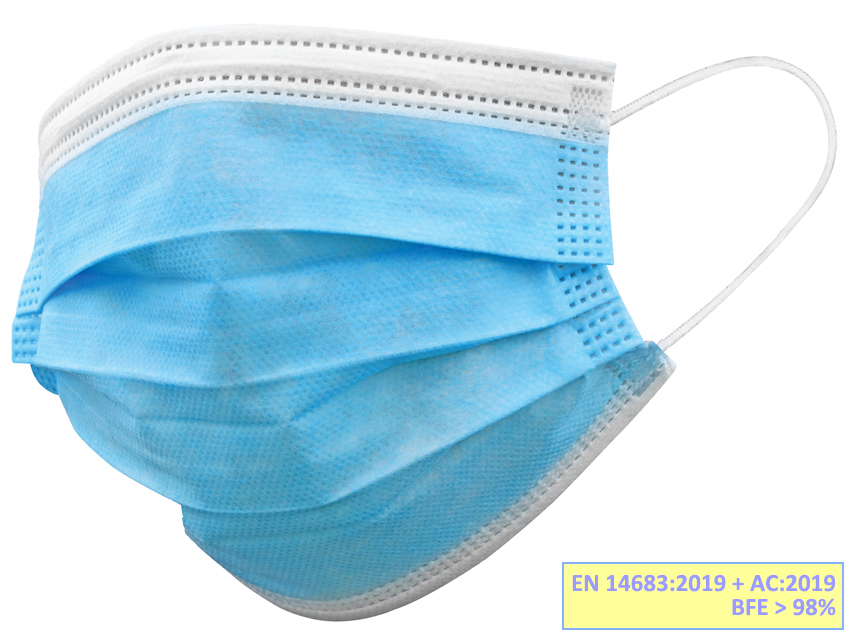 [20695] GISAFE SURGICAL FILTERING MASK 98% 3 VEILS type IIR with elastic bands - adult - blue - flowpack