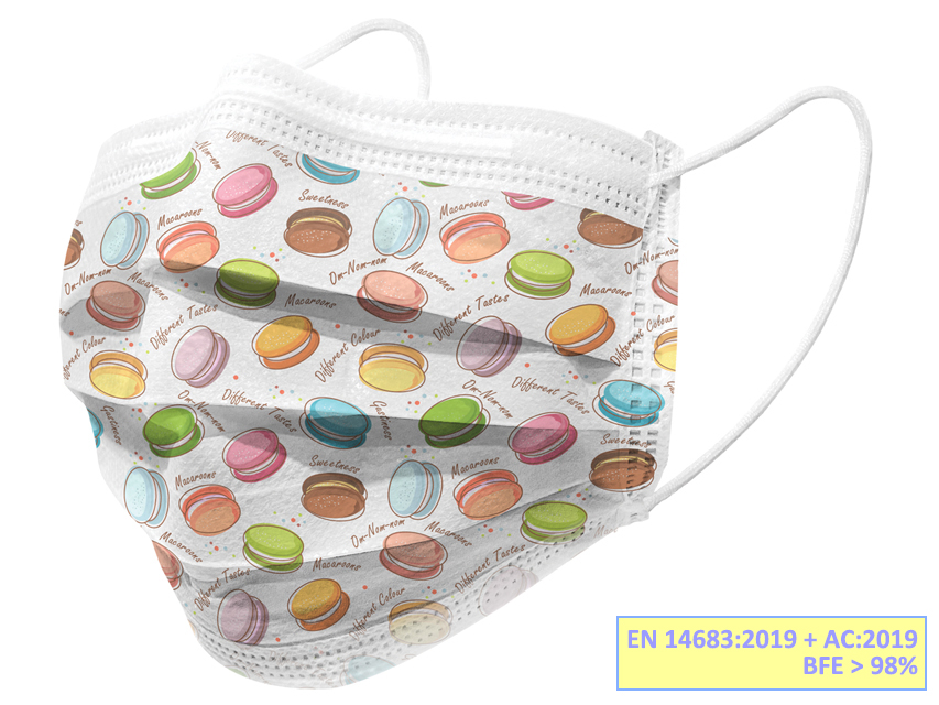 [20689] GISAFE 98% FILTERING SURGICAL MASK 3 SHEETS type IIR with elastic bands - adults - macarones - flowpack