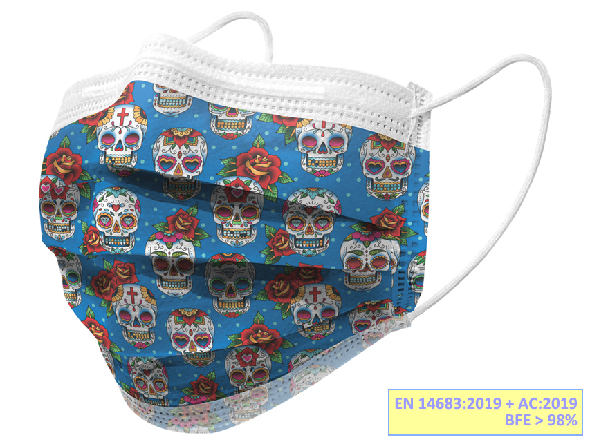 [20690] GISAFE SURGICAL FILTERING MASK 98% 3 VEILS type IIR with elastic bands - adults - skulls - flowpack