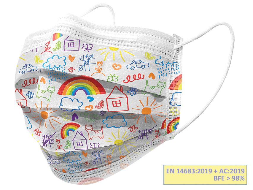 [20685] GISAFE SURGICAL FILTERING MASK 98% 3 VEILS type IIR with elastic bands - adult - cartoon - flowpack