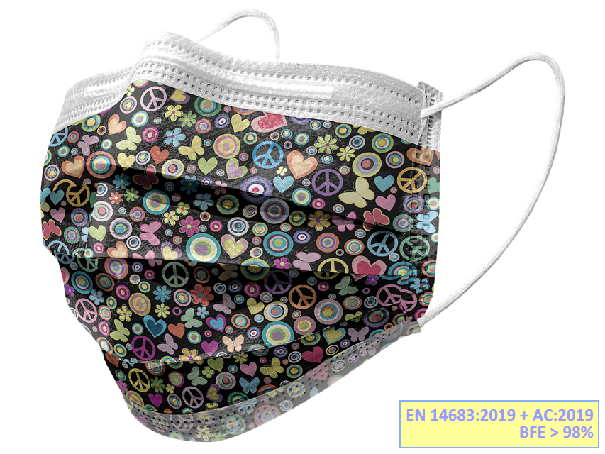 [20686] GISAFE SURGICAL FILTERING MASK 98% 3 SHEETS type IIR with elastic bands - adult - peace - flowpack
