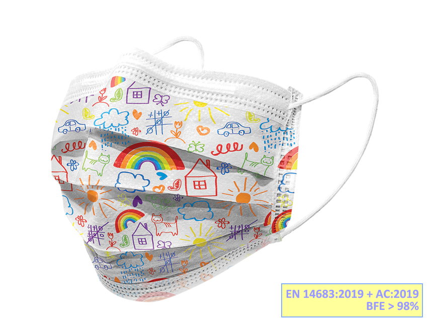 [20682] GISAFE 98% FILTERING SURGICAL MASK 3 VEILS type IIR with elastic bands - paediatric - cartoon - flowpack