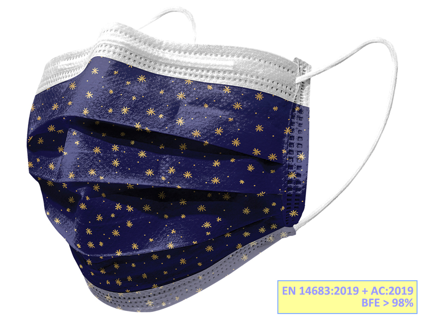 [20687] GISAFE SURGICAL FILTERING MASK 98% 3 VEILS type IIR with elastic bands - adult - stars - flowpack