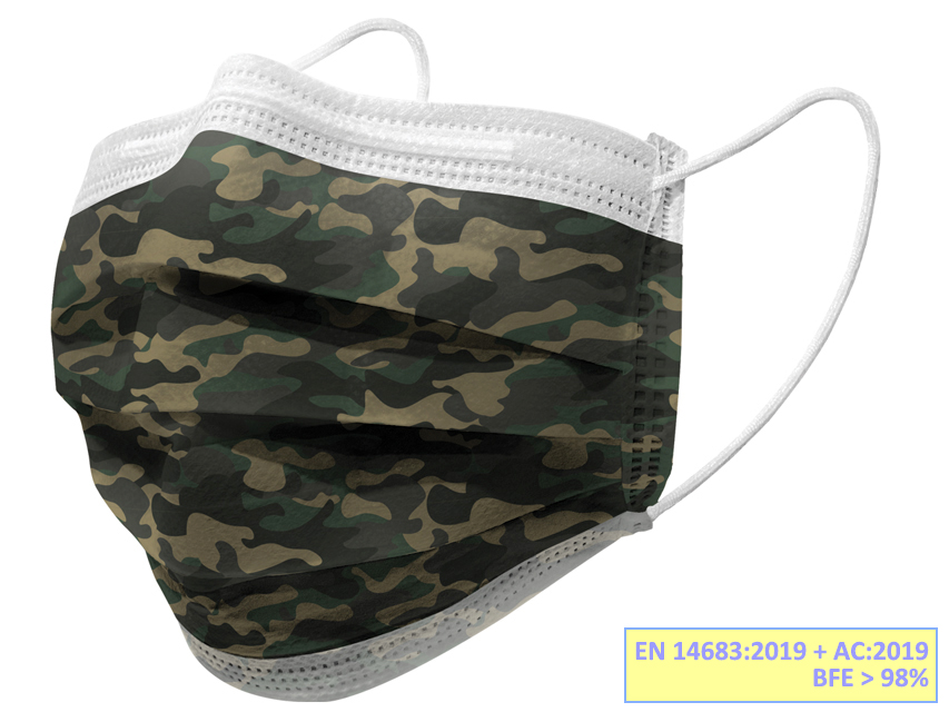 [20691] GISAFE SURGICAL MASK 98% FILTERED 3 VEILS type IIR with elastic bands - adult - military - flowpack