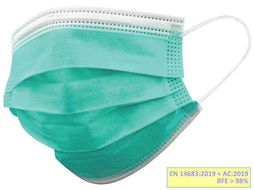[20699] GISAFE SURGICAL FILTERING MASK 98% 3 SHEETS type IIR with elastic bands - adult - light green - box