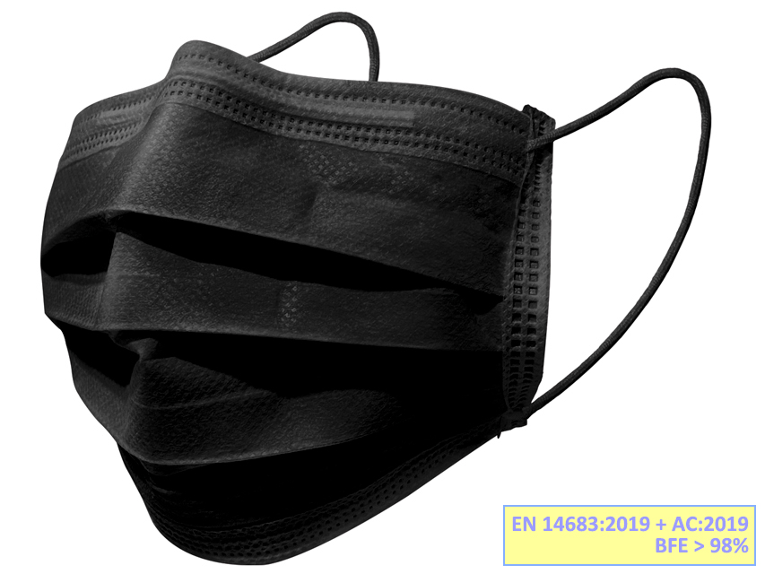 [20701] GISAFE SURGICAL FILTERING MASK 98% 3 VEILS type IIR with elastic bands - adult - black - box